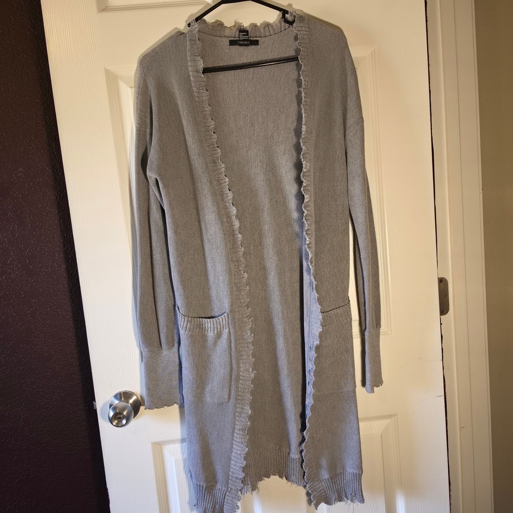 Forever 21 Womens Gray Distressed Trim Longline Open Front Cardigan Sweater S